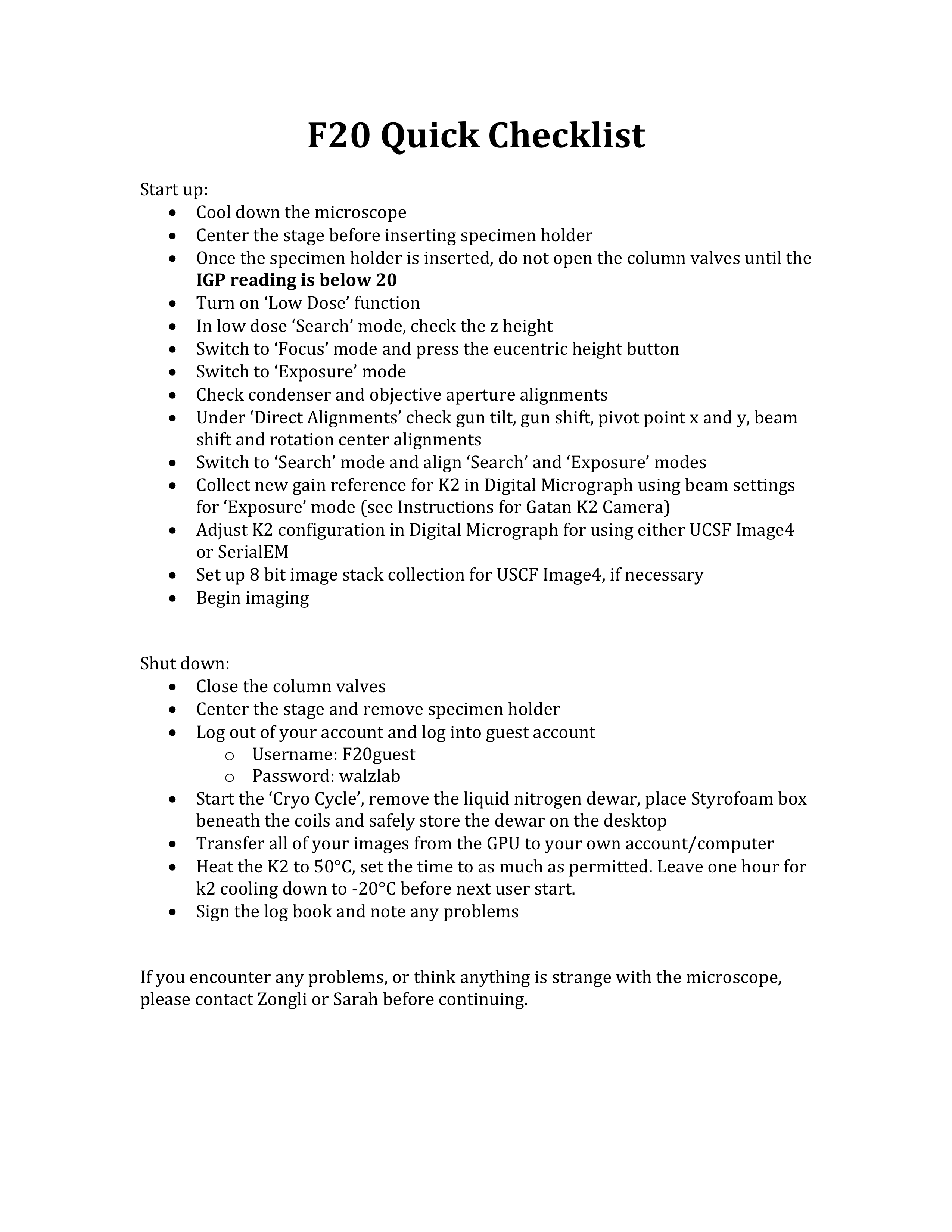 F20 quick check list